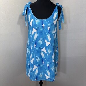 Palms Away Mini Dress Women's Oversized Small Blue & White Tropical Beach Cruise